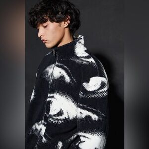 BooHooMan Eye Print Borg Funnel Neck Jacket Black White Medium Preowned